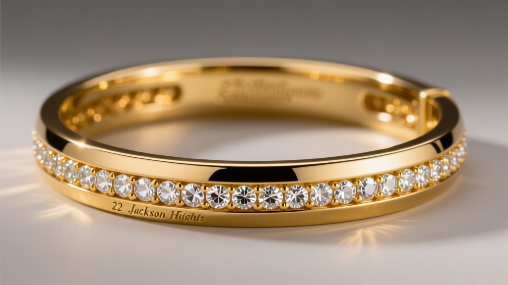 Close-up of a 22-karat gold Jackson Heights heritage bangle inlaid with channel-set moissanite accents under warm studio lighting.