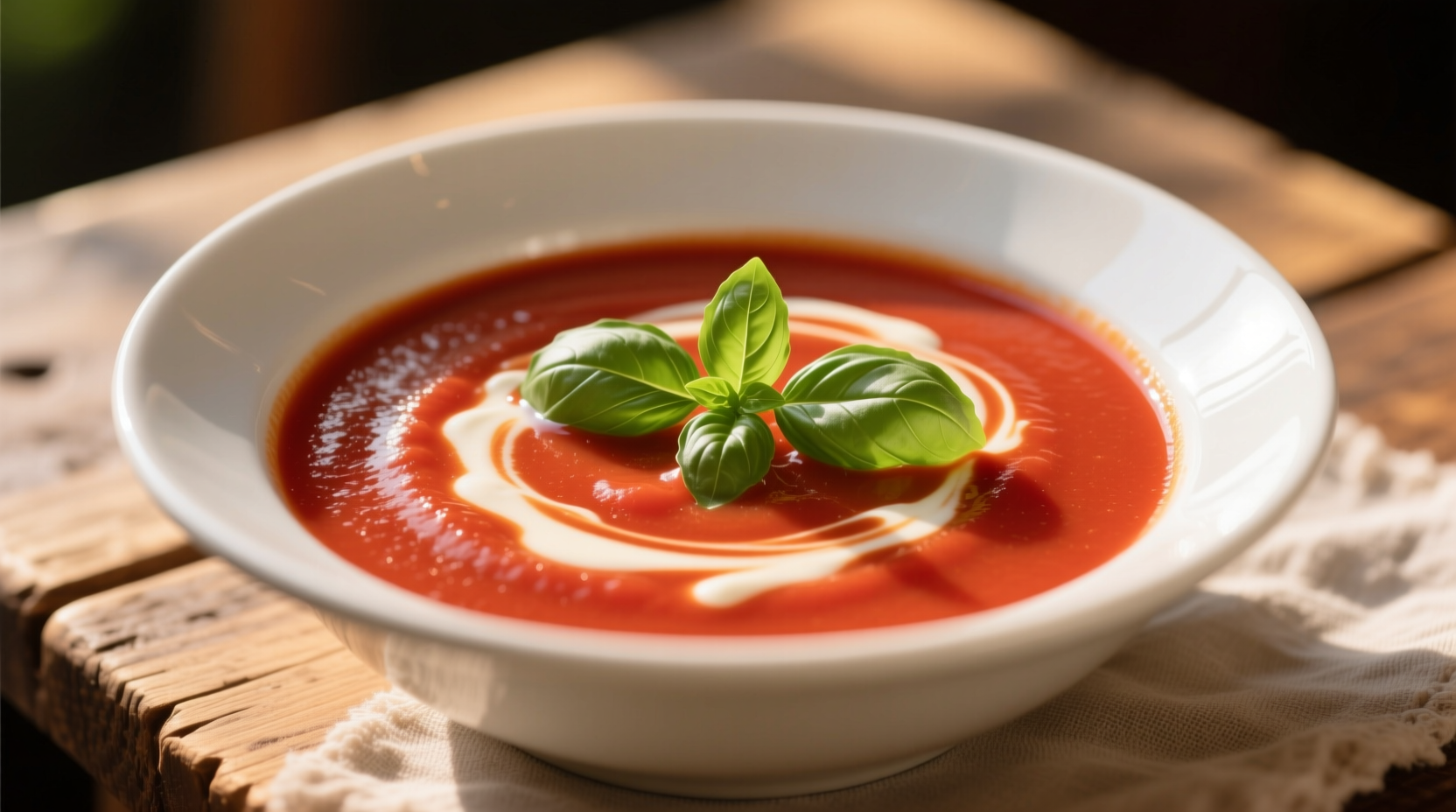 Creamy tomato bisque soup in white bowl with basil garnish