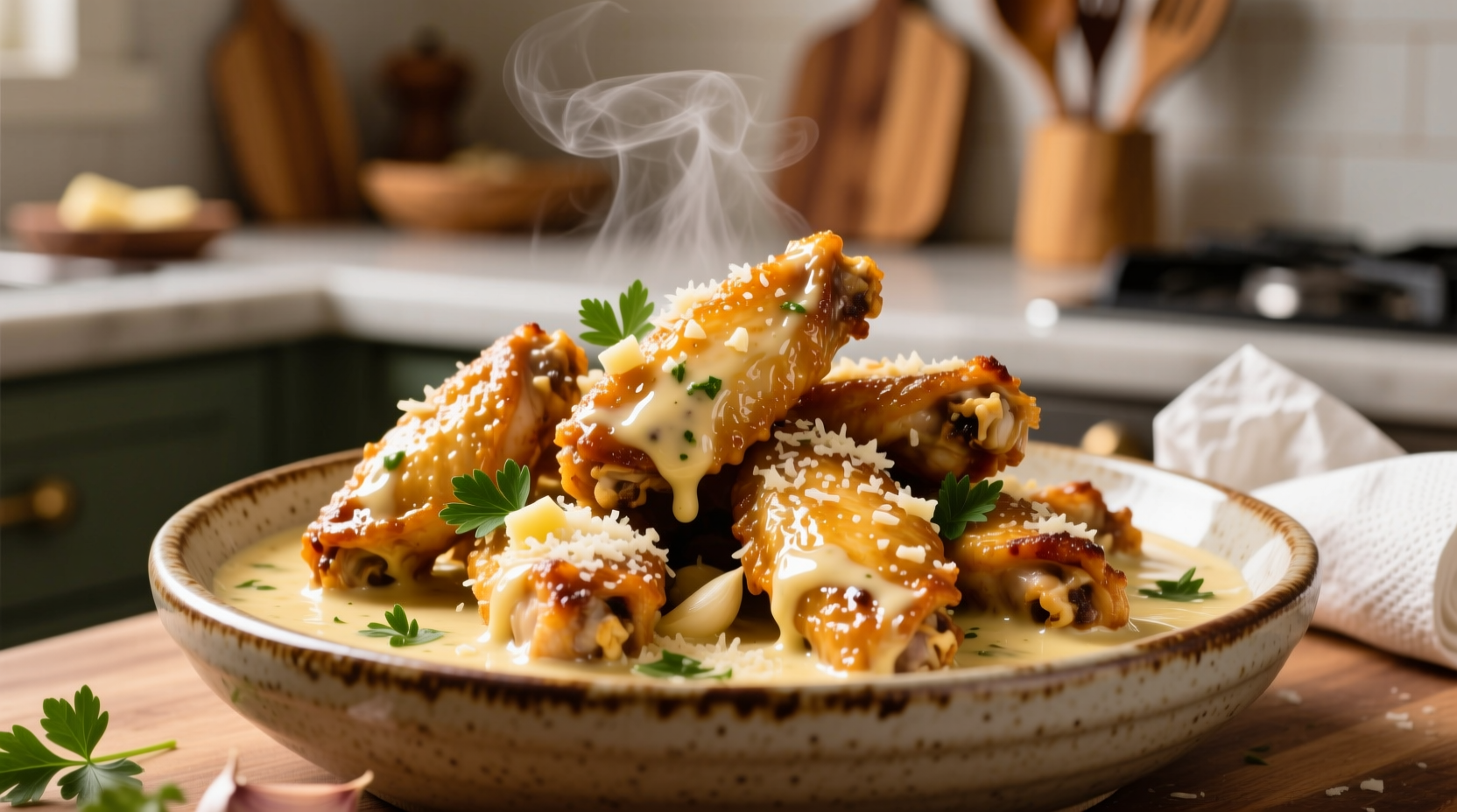 Homemade garlic parmesan sauce in bowl with wings