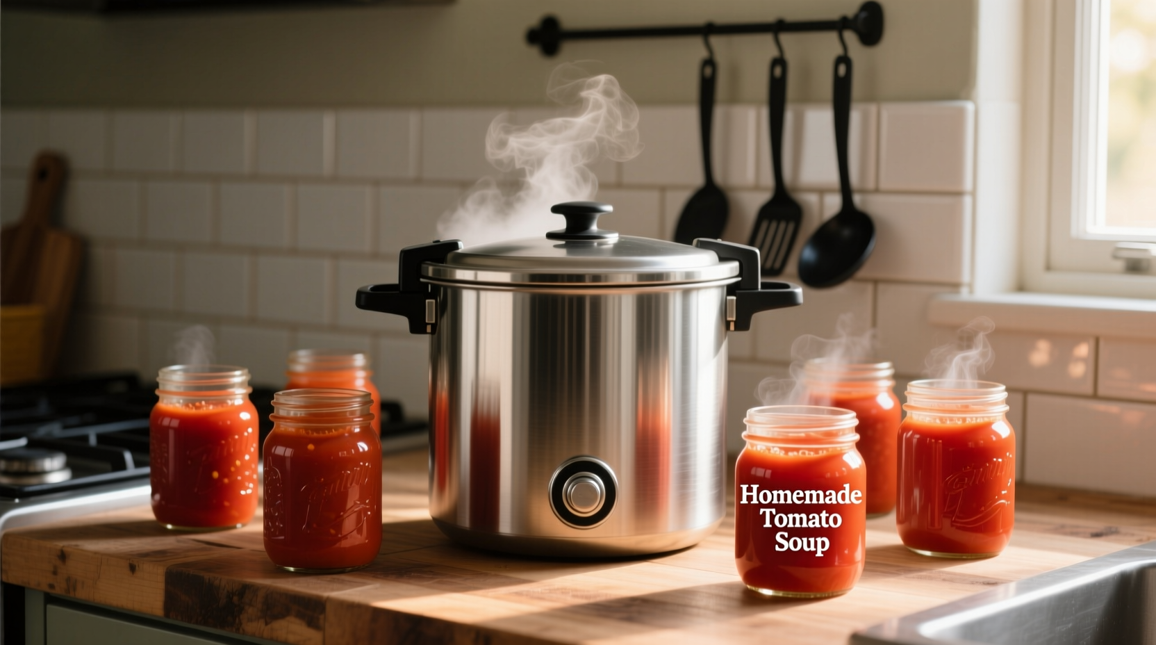 Pressure canner with tomato soup jars
