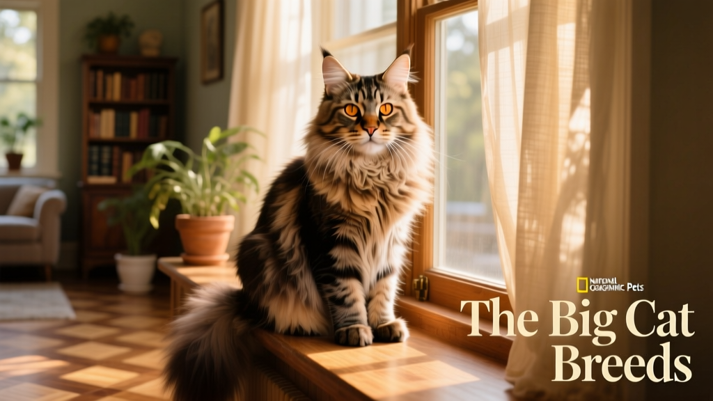 A majestic Maine Coon sitting confidently on a sunlit windowsill, showcasing its thick fur and expressive eyes