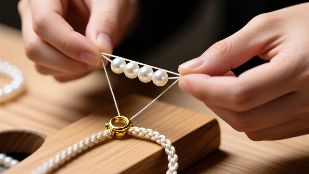 Hands restringing round white freshwater pearls on braided nylon thread near a gold magnetic clasp on a wooden jeweler's workbench.