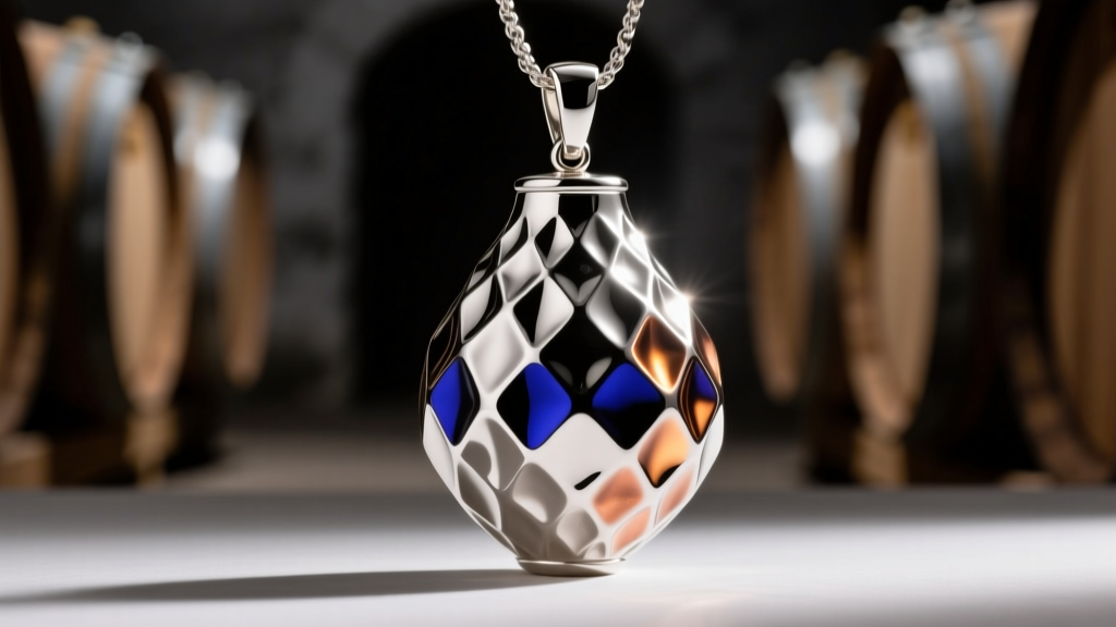 Macro view of convex dimples and ridges inside a polished silver tastevin pendant lit by warm, directional cellar lighting
