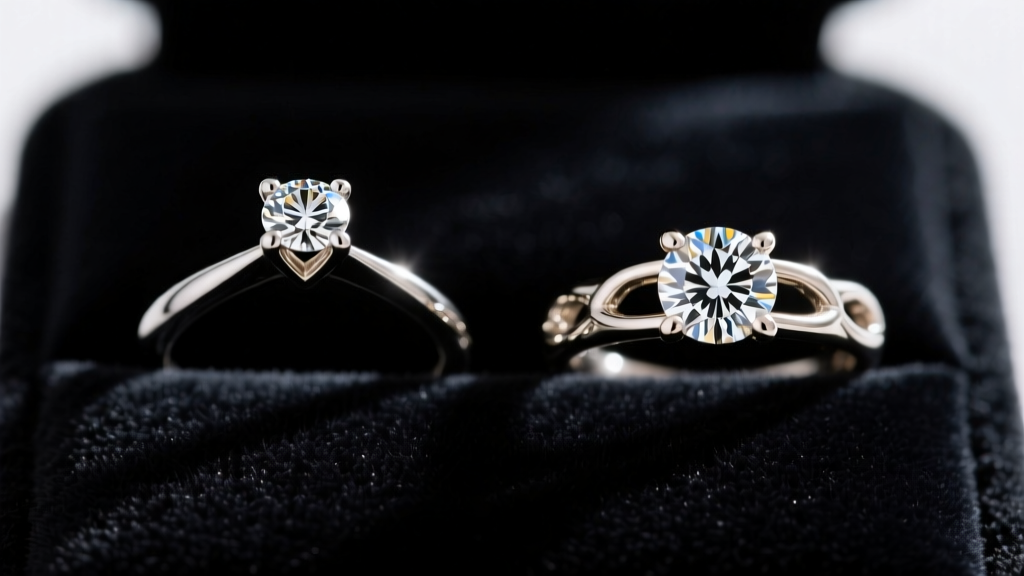 Macro shot comparing a three-prong martini setting and a four-prong basket setting for small diamond studs on a dark velvet pad