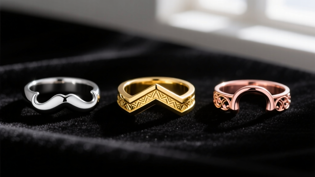Flat lay gift box displaying three mustache septum rings: a gold chevron, titanium walrus, and rose-gold handlebar on black velvet