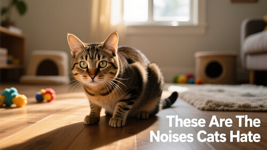 Cat crouched low with flattened ears, looking tense and alert