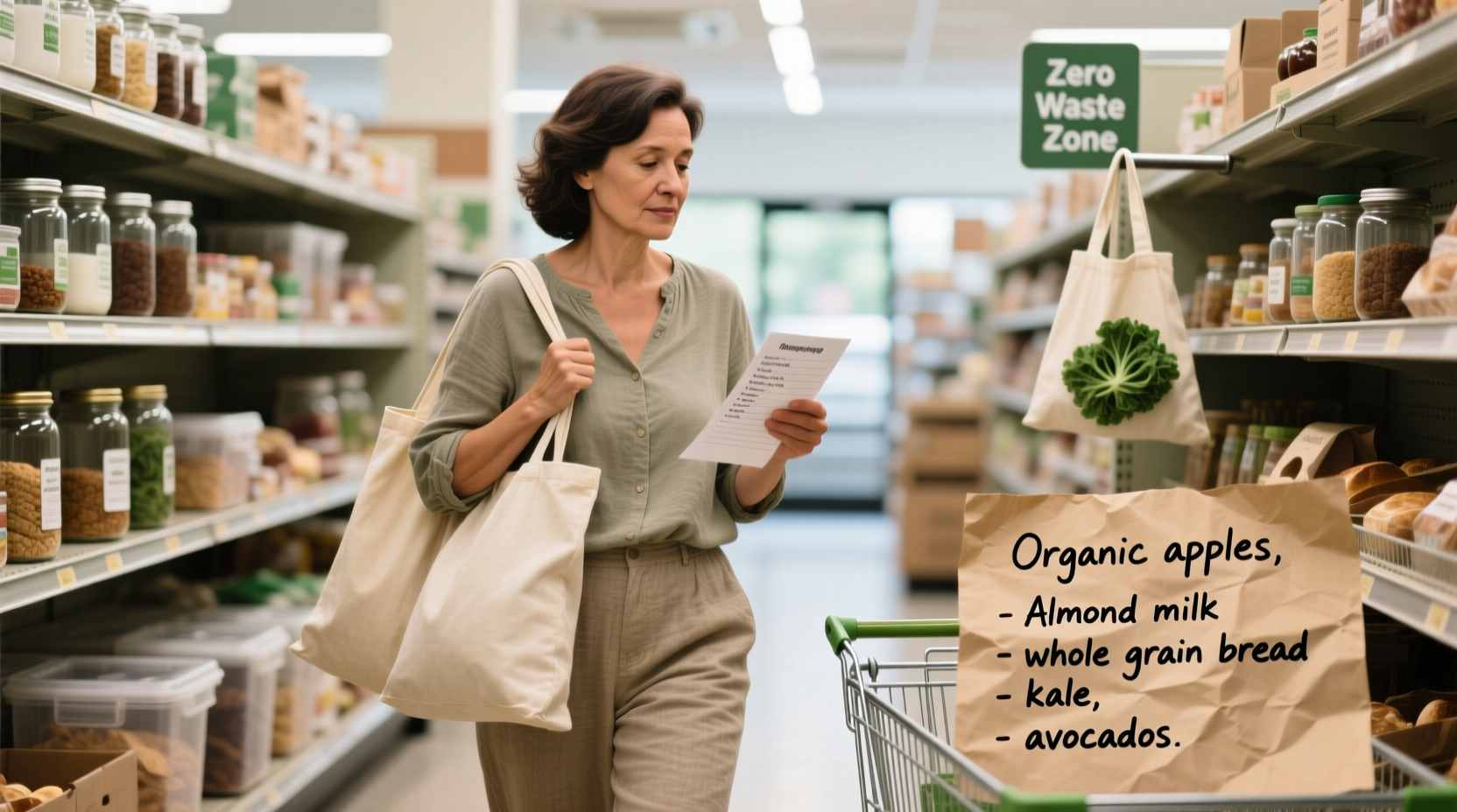 Grocery shopping with reusable bags and list