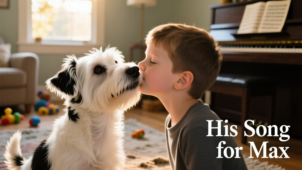 Close-up of the boy giving a soft, affectionate kiss on the top of his Westie's head as the dog blinks contentedly