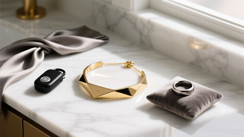 A stylish flat lay of modern women safety gadgets including a smart gold necklace, a sleek personal alarm, and a discreet panic ring on a marble vanity.