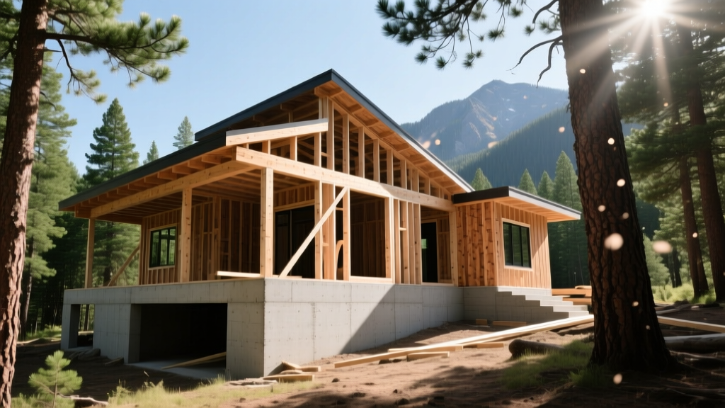 Colorado mountain home under construction with exposed timber framing and concrete foundation surrounded by pine trees.
