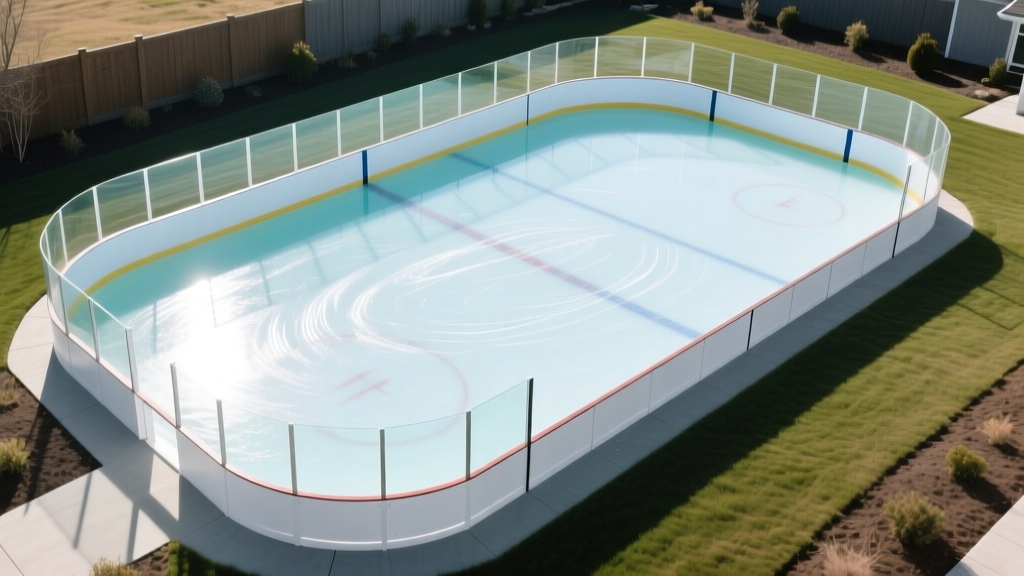 Aerial view of a graded backyard with white HDPE rink boards and a clear poly liner filling with water for winter ice skating