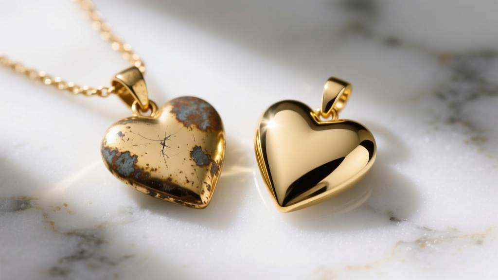 Macro shot comparing a tarnished gold-plated heart pendant beside a pristine solid 14k gold heart pendant on white marble.