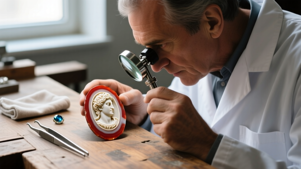 Jeweler examining a sardonyx cameo with a loupe, while steel tweezers and a microfiber cloth rest on the wooden workbench nearby.