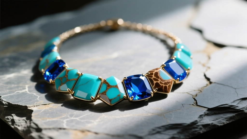 Close-up of a heavy turquoise statement necklace on slate, showing vibrant blue stones with brown matrix in soft natural sunlight.