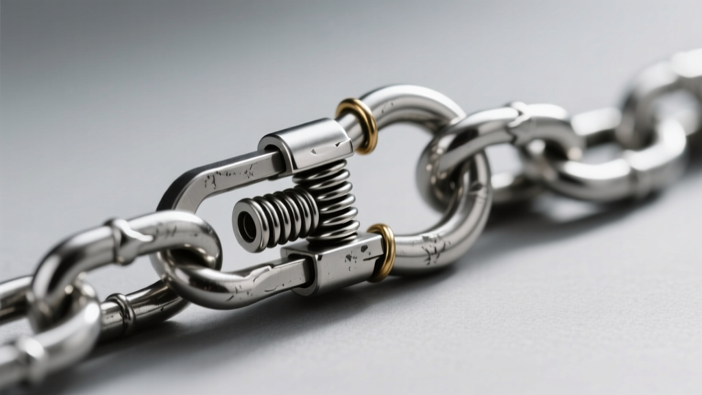 Close-up of a heavy-duty silver lobster clasp and soldered jump ring on a thick chain, showing internal spring tension mechanism.