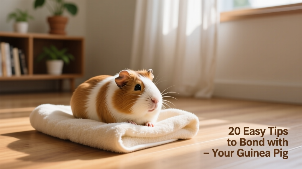 A calm guinea pig resting peacefully on a soft towel in a quiet, sunlit space
