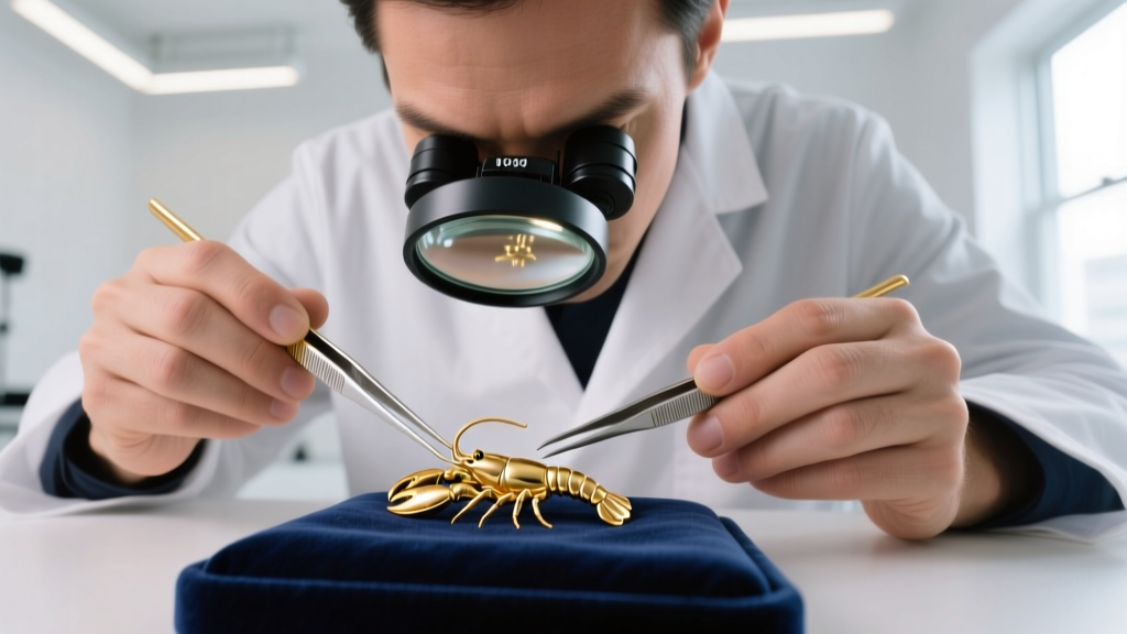Jeweler using fine brass tweezers and a 10x loupe to inspect a stuck 14k gold lobster clasp mechanism on a dark velvet pad.