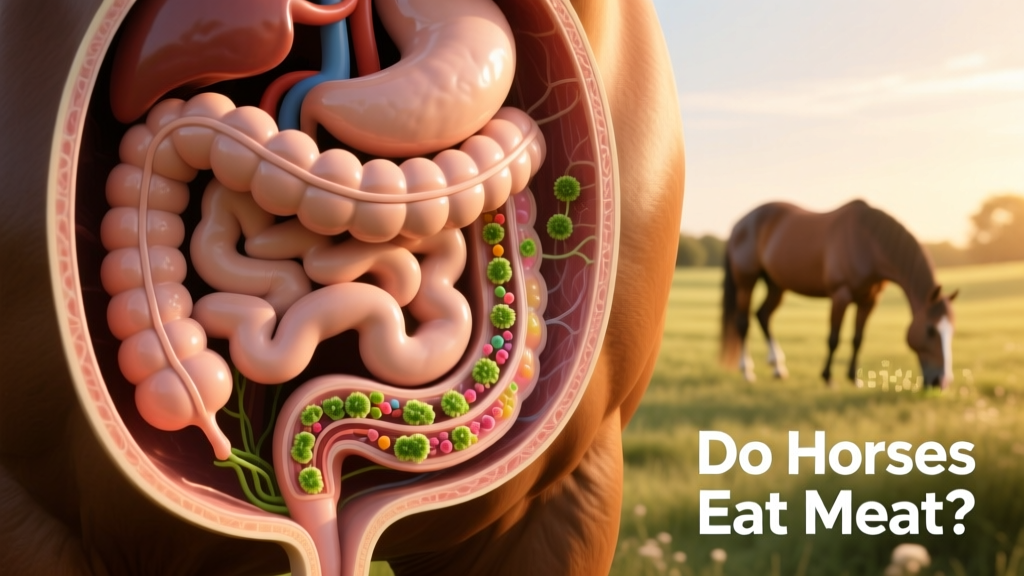 Close-up of a horse’s digestive tract highlighting the cecum and large colon where fiber fermentation occurs