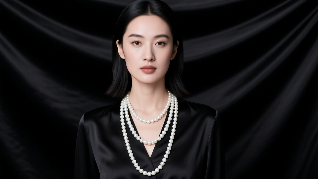 Woman wearing a 16-inch and 18-inch double strand white Akoya pearl necklace against a black silk blouse, soft studio lighting