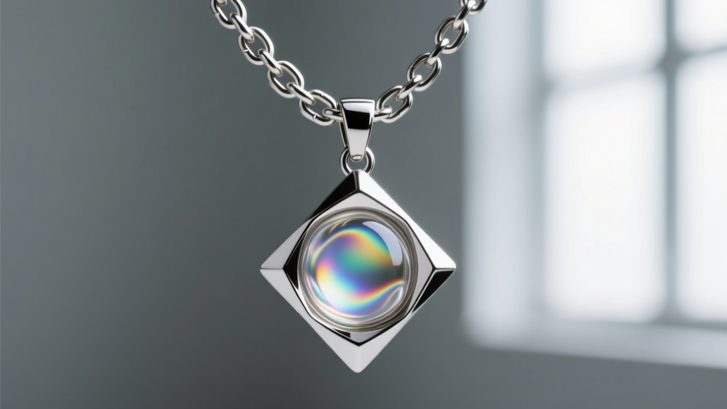 Macro photography of a 3mm 316L stainless steel curb chain holding a geometric asymmetrical pendant with a shifting liquid center