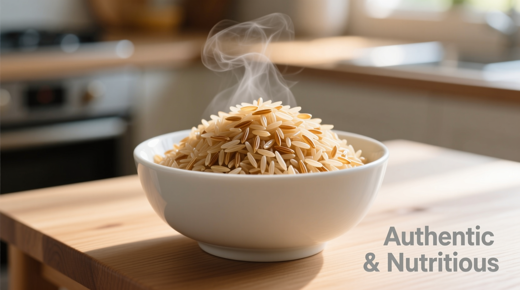 Fluffy long grain brown rice in white bowl