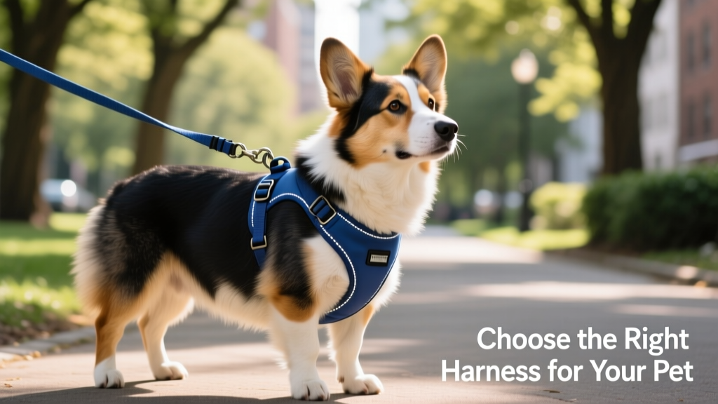 Dog wearing a front-clip no-pull harness with leash attached to chest ring
