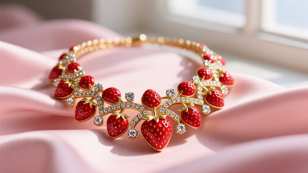 Close-up of a vintage Betsey Johnson gold-tone strawberry necklace with red enamel and rhinestones resting on pink silk fabric.