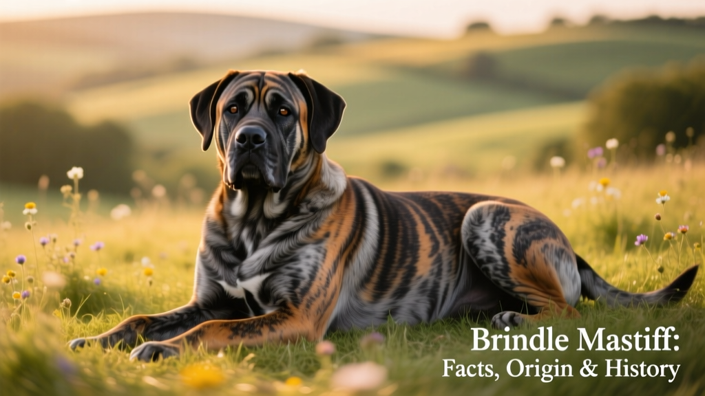 A calm, muscular Brindle Mastiff resting outdoors on grass, showcasing its distinctive striped coat pattern
