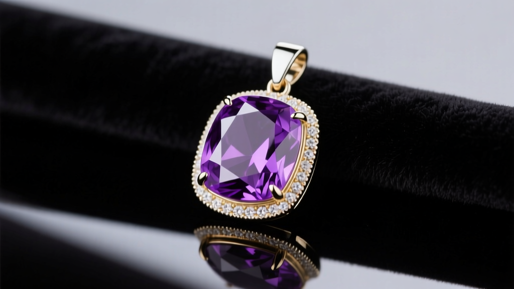 Vivid purple amethyst pendant in a 14k white gold bezel setting, resting on dark velvet under soft, directional studio lighting
