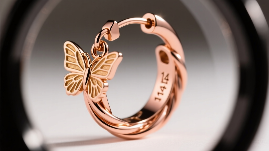 Macro loupe view of rose gold butterfly hoop post, showing 14k stamp and laser-welded jump ring attaching charm to the thick wire