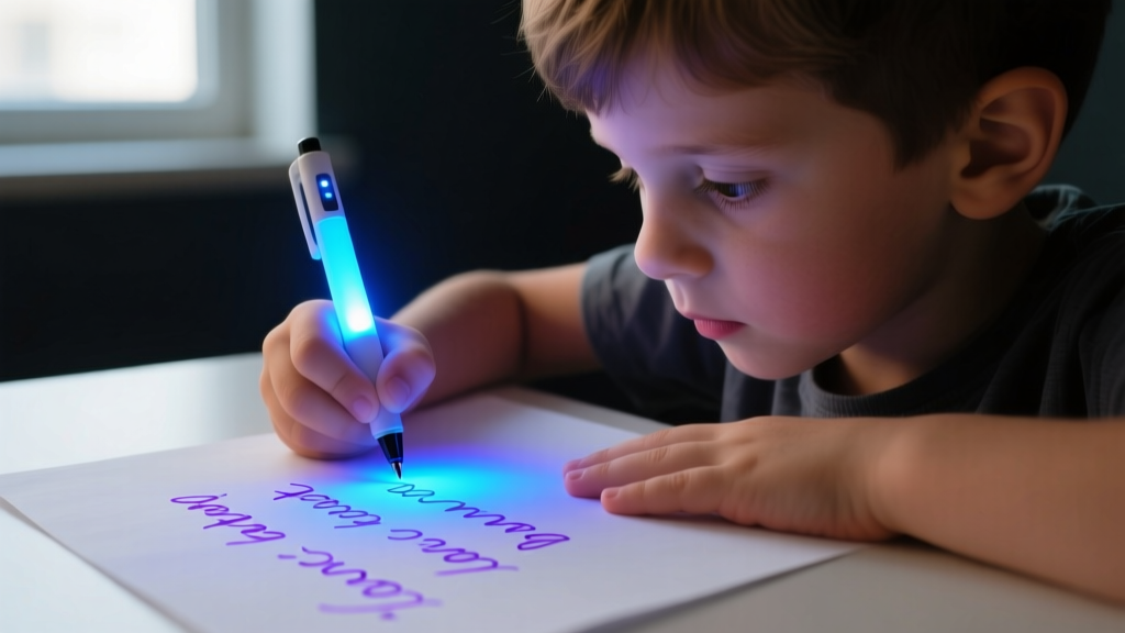 Close-up of a child writing a secret message with an ultraviolet invisible ink pen, illuminated by the built-in UV LED.