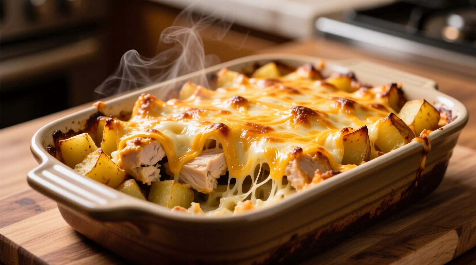 Golden baked chicken potato casserole with melted cheese topping