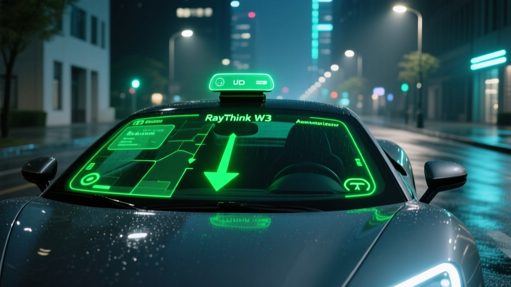 Raythink W3 augmented reality head-up display projecting bright green navigation arrows and speed onto a car windshield at night