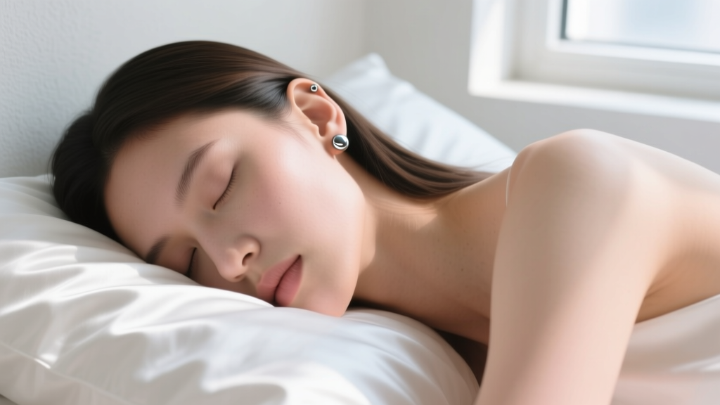 Person sleeping on a silk pillowcase with a small flush-fit titanium labret stud resting safely in the left earlobe.