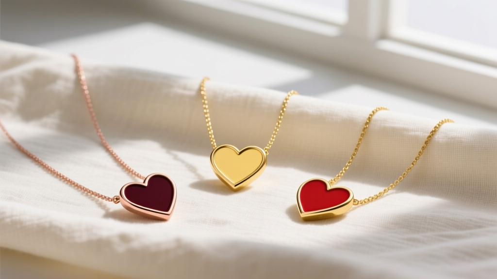 Flat lay of three gold red heart necklaces in 14k rose, 18k yellow, and 22k gold showing varied red enamel hues on a linen cloth