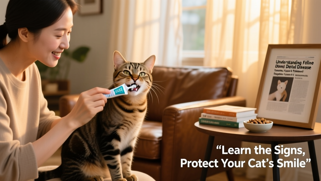 Cat owner brushing their cat's teeth gently with a finger toothbrush and cat-safe toothpaste