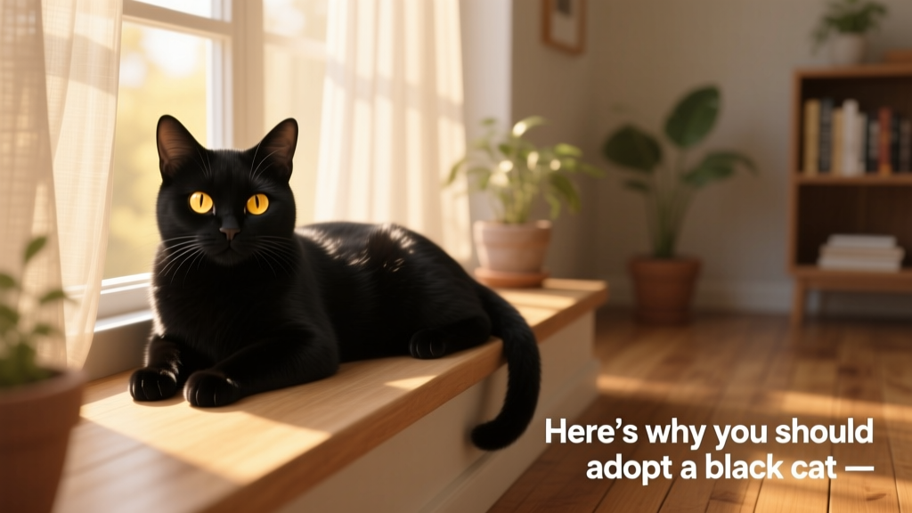 A relaxed black cat lounging in sunlit window light, golden eyes visible