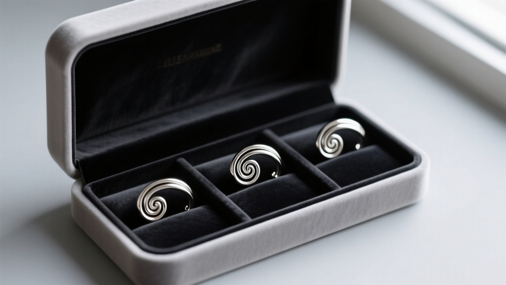 A velvet box displaying three fake helix ear cuffs stored in separate slots to prevent metal scratching and daily tarnish buildup.
