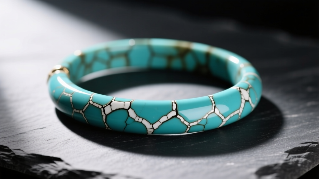 Close-up of a faded, dyed howlite bracelet mimicking turquoise, showing cracked white veins, resting on a dark slate surface.