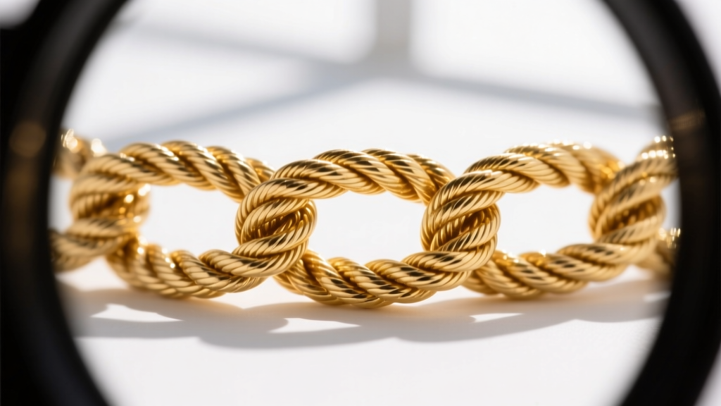 Close-up loupe view of 14k and 18k gold rope chains showing alloy grain differences and tensile stress points on twisted links