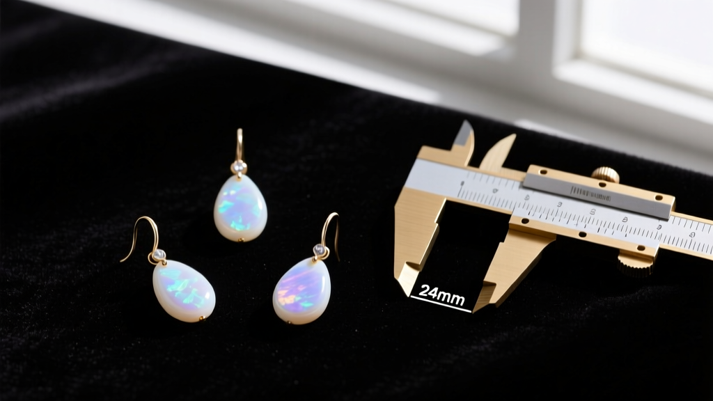 Flat lay of three white opal drop earrings on dark velvet, next to a brass caliper measuring their exact millimeter drop length.