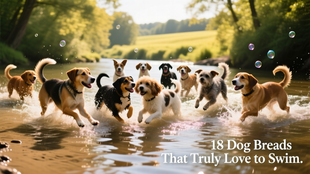 A group of mixed-breed dogs playing and swimming together in a sunlit shallow river, tails wagging, water splashing