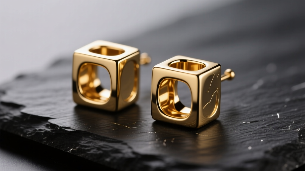 Macro shot of 8mm hollow 14k gold cube earrings on dark slate, showing sharp edges and polished finish under soft studio light.