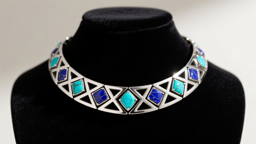 Wide 925 sterling silver Cleopatra collar necklace with geometric lapis lazuli and turquoise inlays resting on a velvet bust