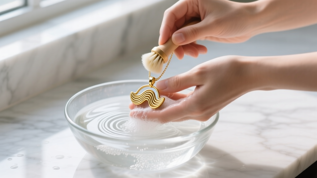 Hands washing a gold vermeil soundwave pendant with a soft brush and soapy water in a glass bowl on a white marble counter.