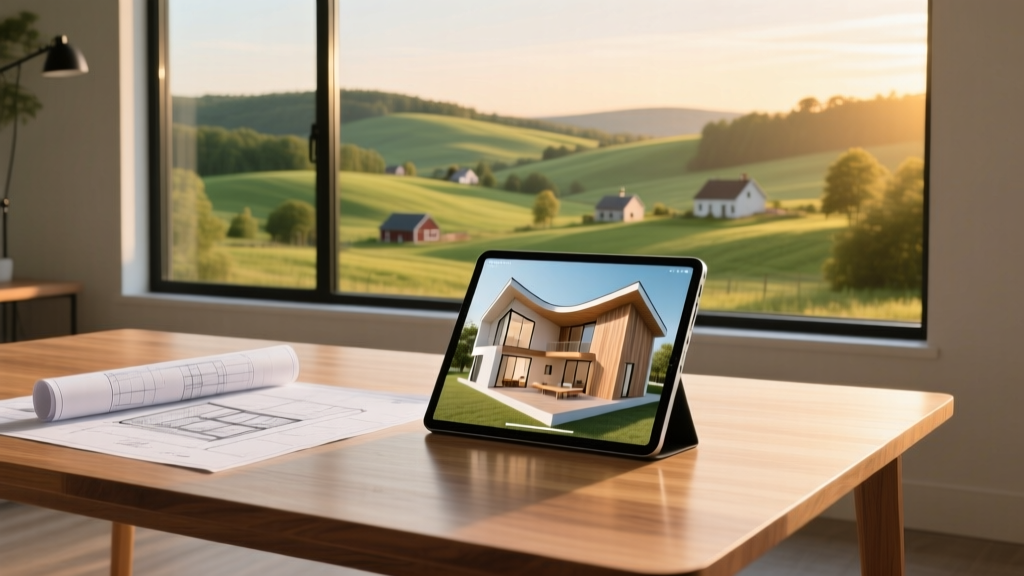 Architectural blueprints and a digital tablet showing a 3D home model on a wooden table with a view of the Pennsylvania countryside