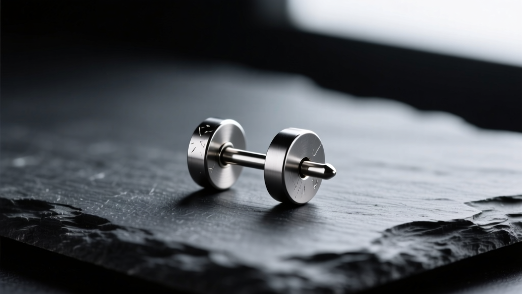 Macro shot of a 16-gauge titanium flat-back labret earring with push-pin end on dark slate, sharp focus and high contrast.