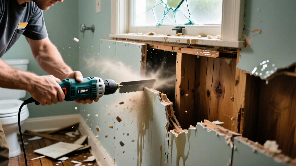Contractor cutting out water-damaged wet gypsum board with a rotary tool in a flooded residential bathroom revealing wet wooden studs