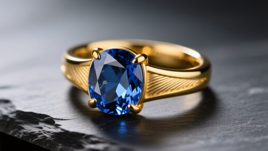 Macro shot of an 18k yellow gold artisan ring with a raw blue sapphire resting on dark slate under soft warm directional lighting.