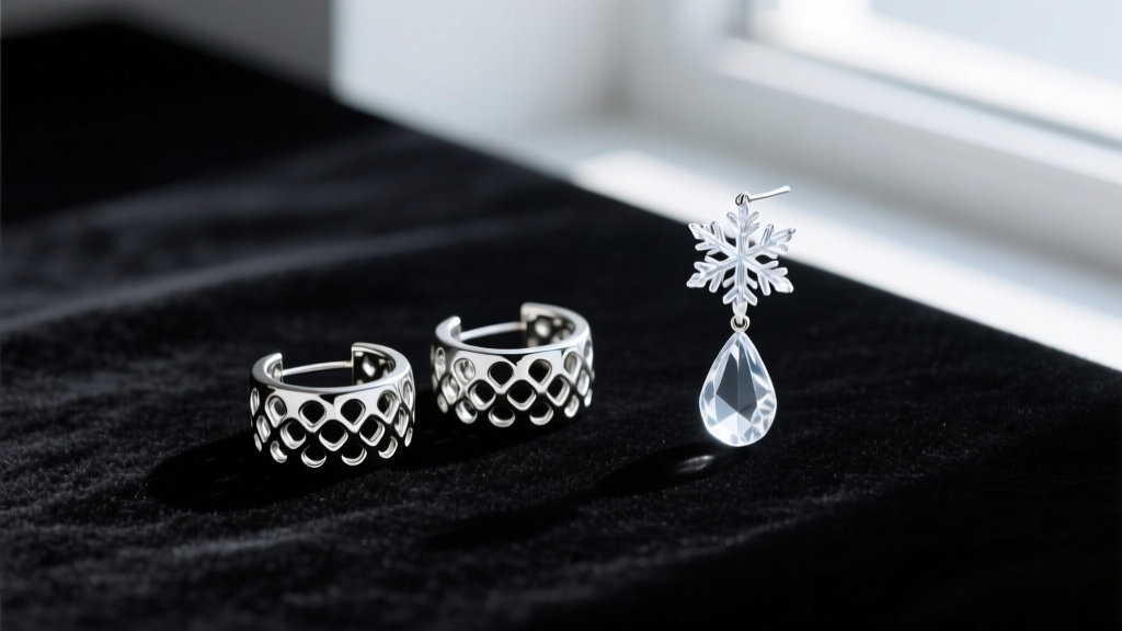 Elegant flat lay of sterling silver mesh Elsa Peretti earrings beside a winter crystal snowflake drop earring on dark velvet
